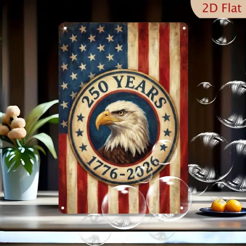 

2D Flat, USA 250th Anniversary 1776-2026 Patriotic Metal Wall Sign - 7.87*11.8 Inch Distressed Retro Bald Eagle & Mount Rushmore Plaque Suitable for 20*30cm