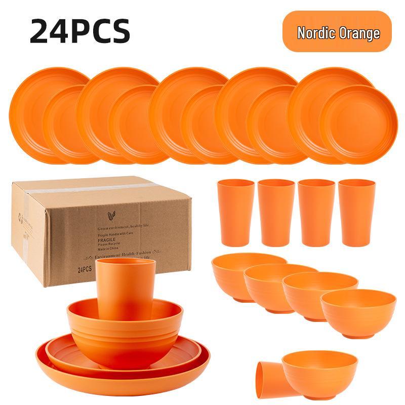 Cross-border Plastic Tableware Set: Plates, Bowls, Cups, Vomit Bowls, 24-Piece for Home Use.