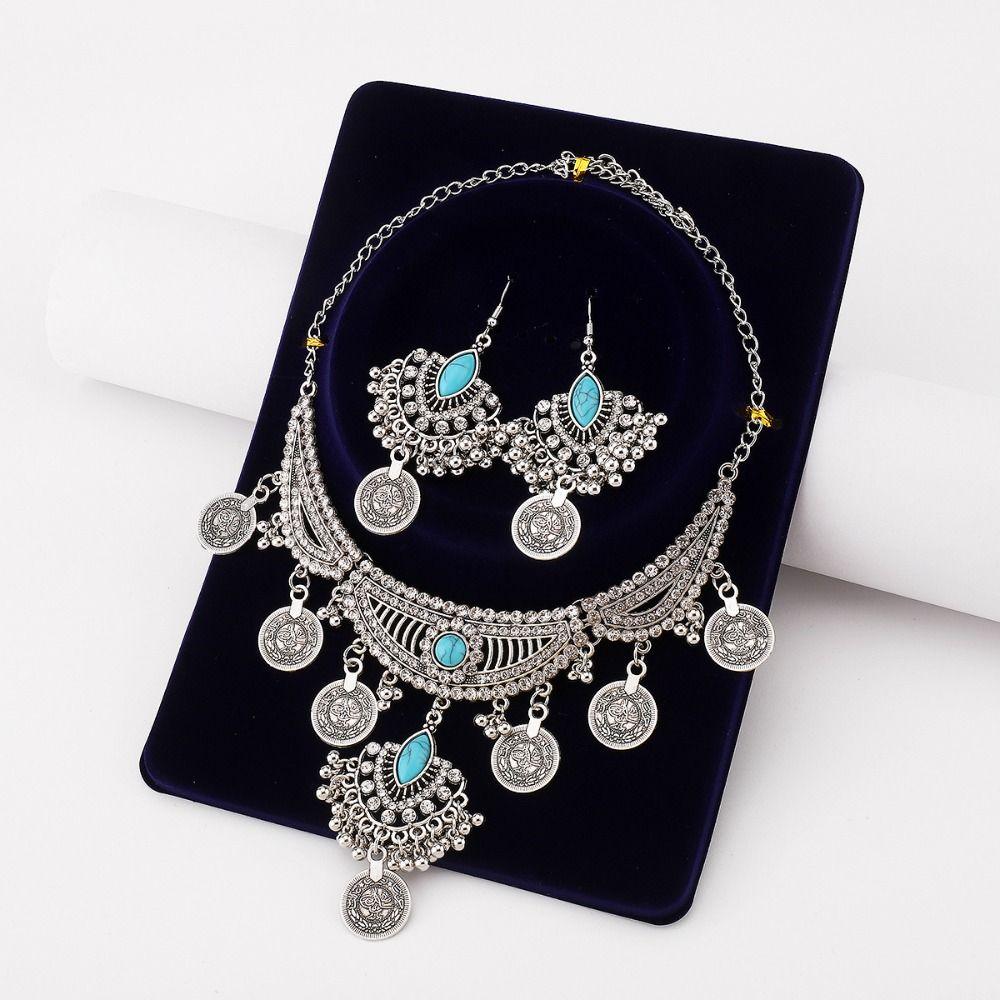 Korean Style Crystal Jewelry Set Turquoise Sparkling Necklace Sweet Rhinestone Tassel Earring  Gift