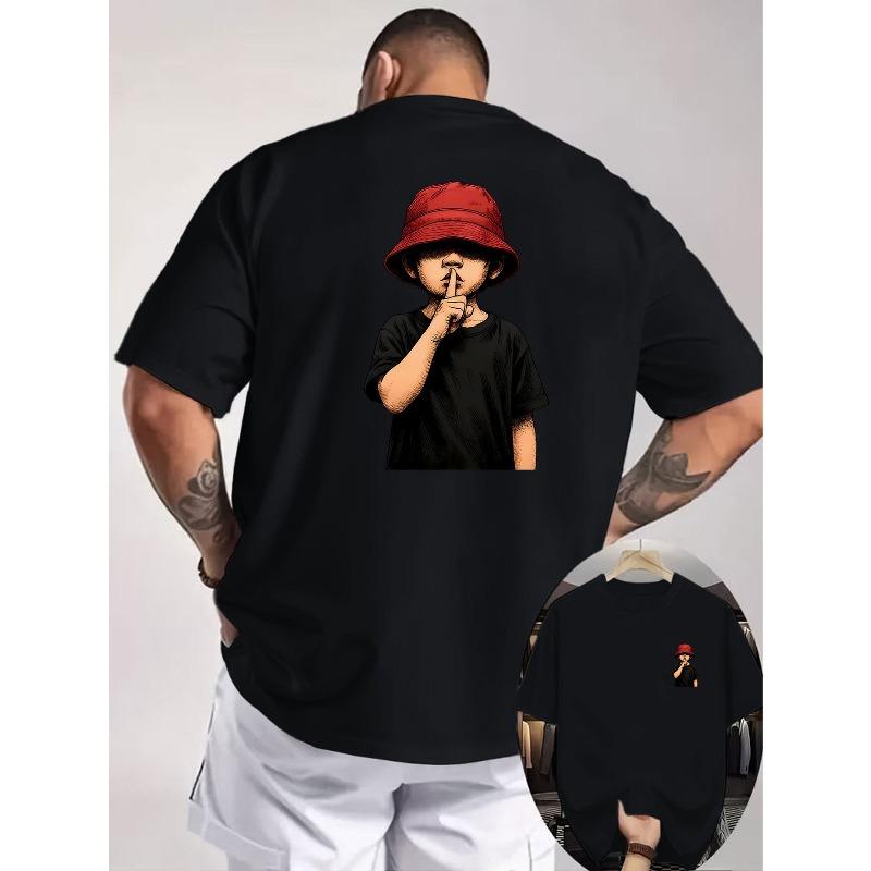 

European Size American Street-Style Cool T-Shirt! Red Fisherman Hat with a Boy Making a Shh Gesture, Featuring Double Prints on The Front And Back S чёрный
