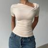 Chemise Femme Manches Courtes Col Biais Style Commuting Hauts Décontractés Coupe Ajustée Couleur Unie T-shirt d'Été
