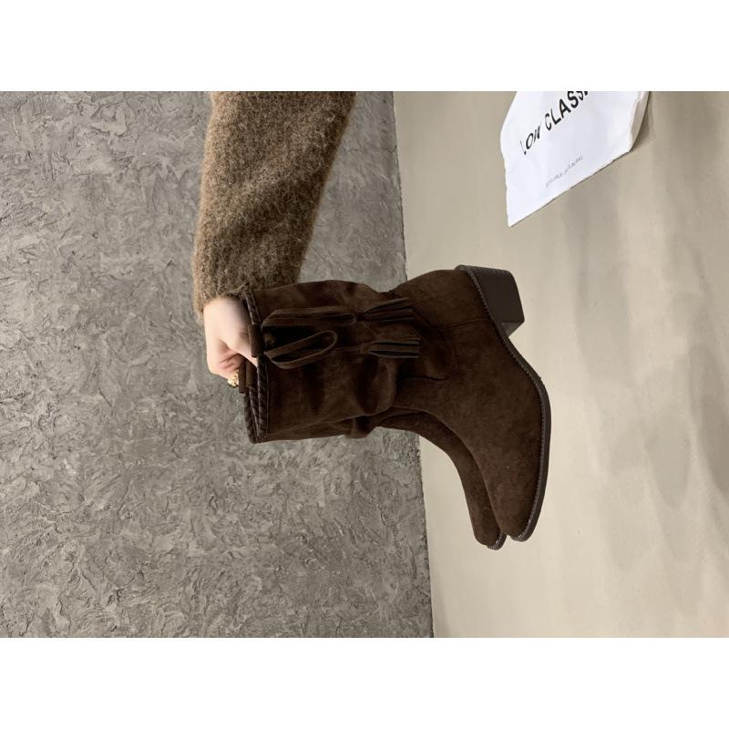 2025 Coarse Heel Vintage Bow Pointed Knight Boots Women's Pointed Tassel Versatile Frosted Suede Medium Boots