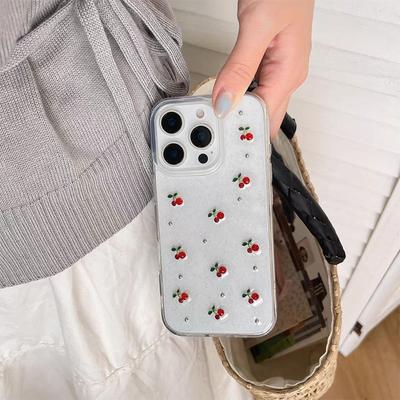 Glitter Cherry Transparent Mobile Phone Case for Apple 17 Promax Silver Beads Simple for IPhone 15 Female Model Small and Fresh