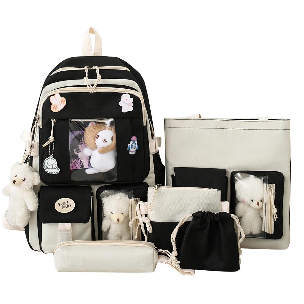 5 peças/conjunto Mochila Kawaii Feminina Coreana Fofa Mochila Estudante Menina Grande Capacidade Mochila Escolar Bolsa com Cordão Carteira