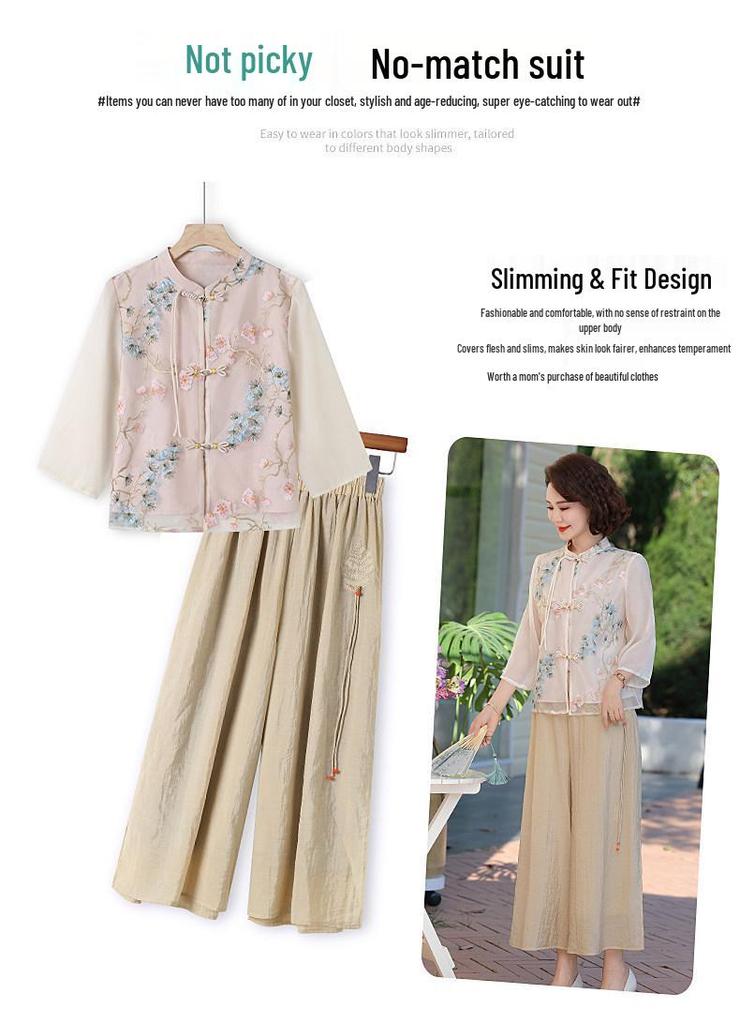 Mom's New Chinese Style Chiffon Shirt - Seven-Sleeve Top for Spring & Autumn