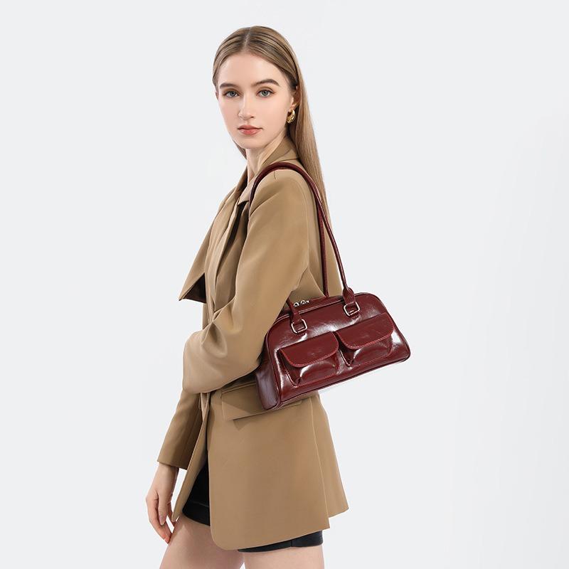 Korean Yunzhen Oil Wax Leather Bowling Bag Multi-Pocket Underarm Bag Commuter Handbag Shoulder Bag Crossbody Bag