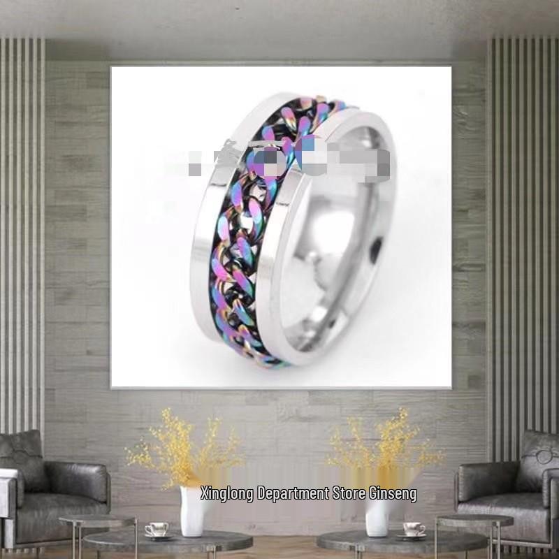 Men's Titanium Steel Rotatable Chain Ring with Embossed Pattern and Built-in Bottle Opener