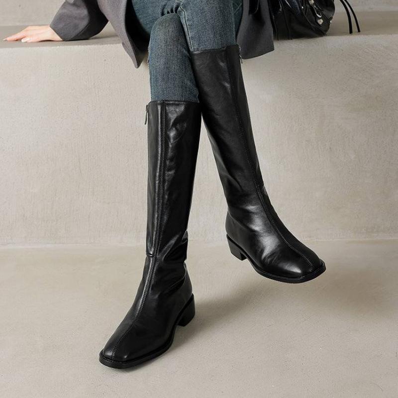 Autumn and Winter Women's Solid Color Leather Fashion Boots Rubber Sole Middle Heel Square Head Large Size Women's Boots New Cowhide High Boots