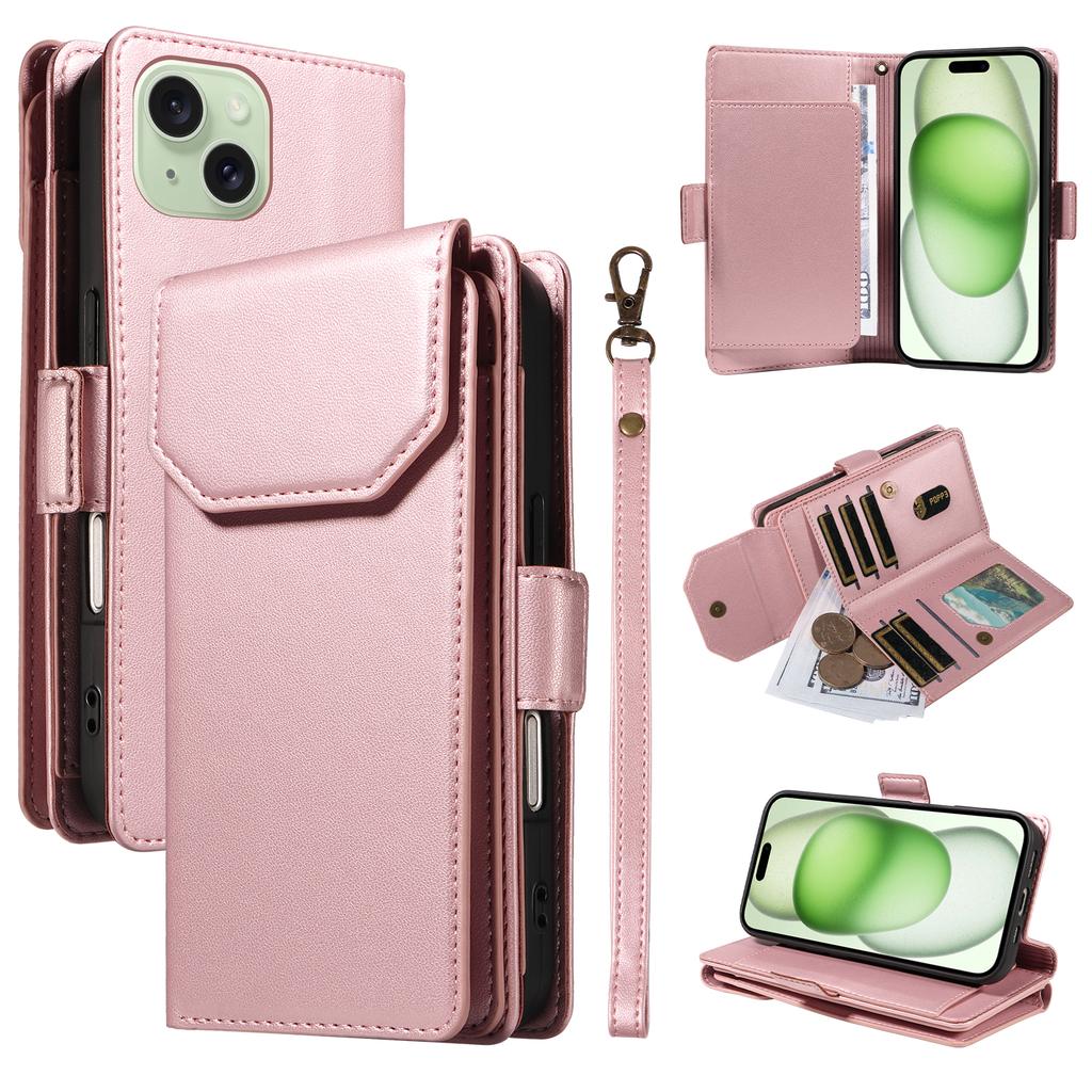 For iPhone 15 Plus Case with Multi-Card Holder and Strap PU Leather Phone Cover Stand