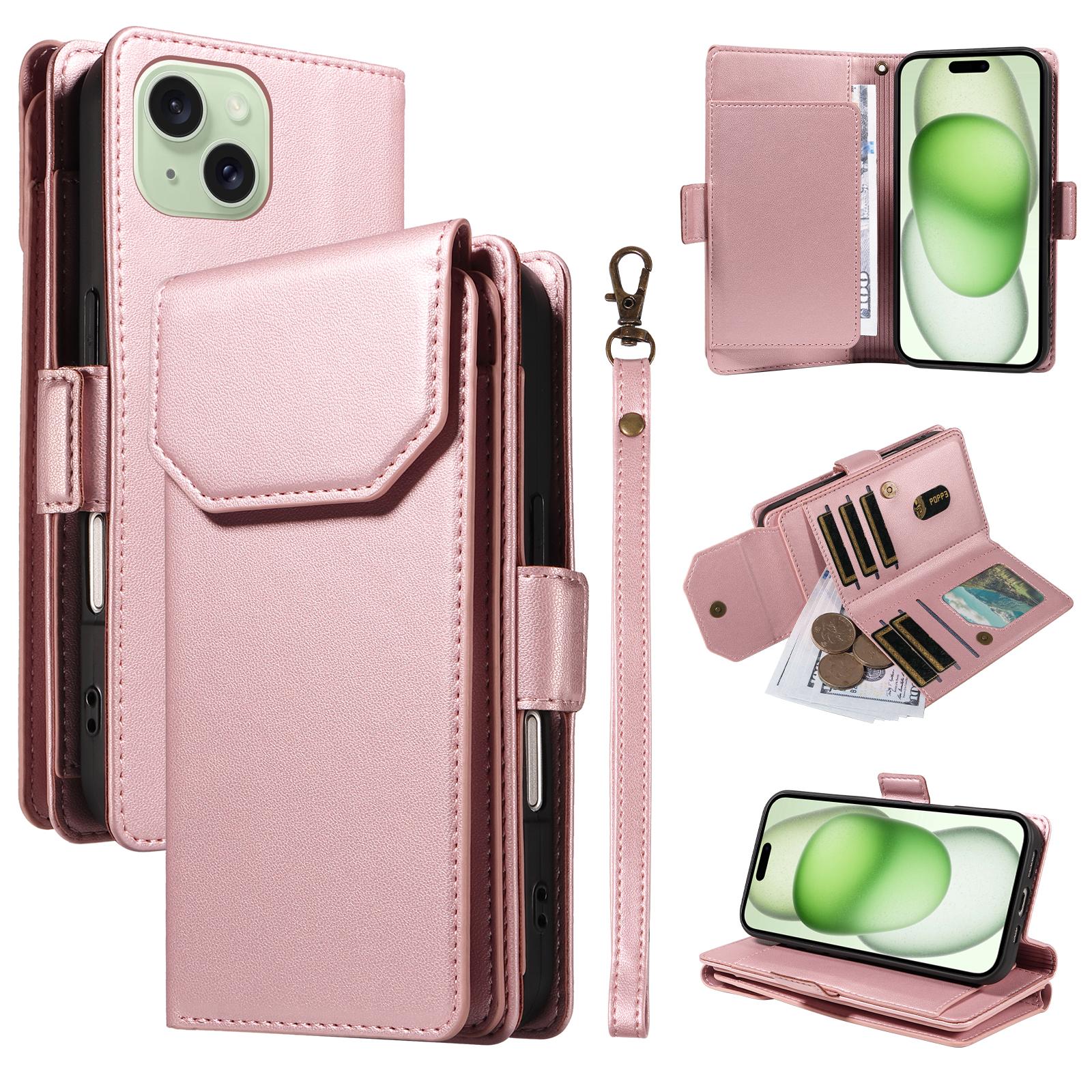

For iPhone 15 Plus Case with Multi-Card Holder and Strap PU Leather Phone Cover Stand Rose Gold