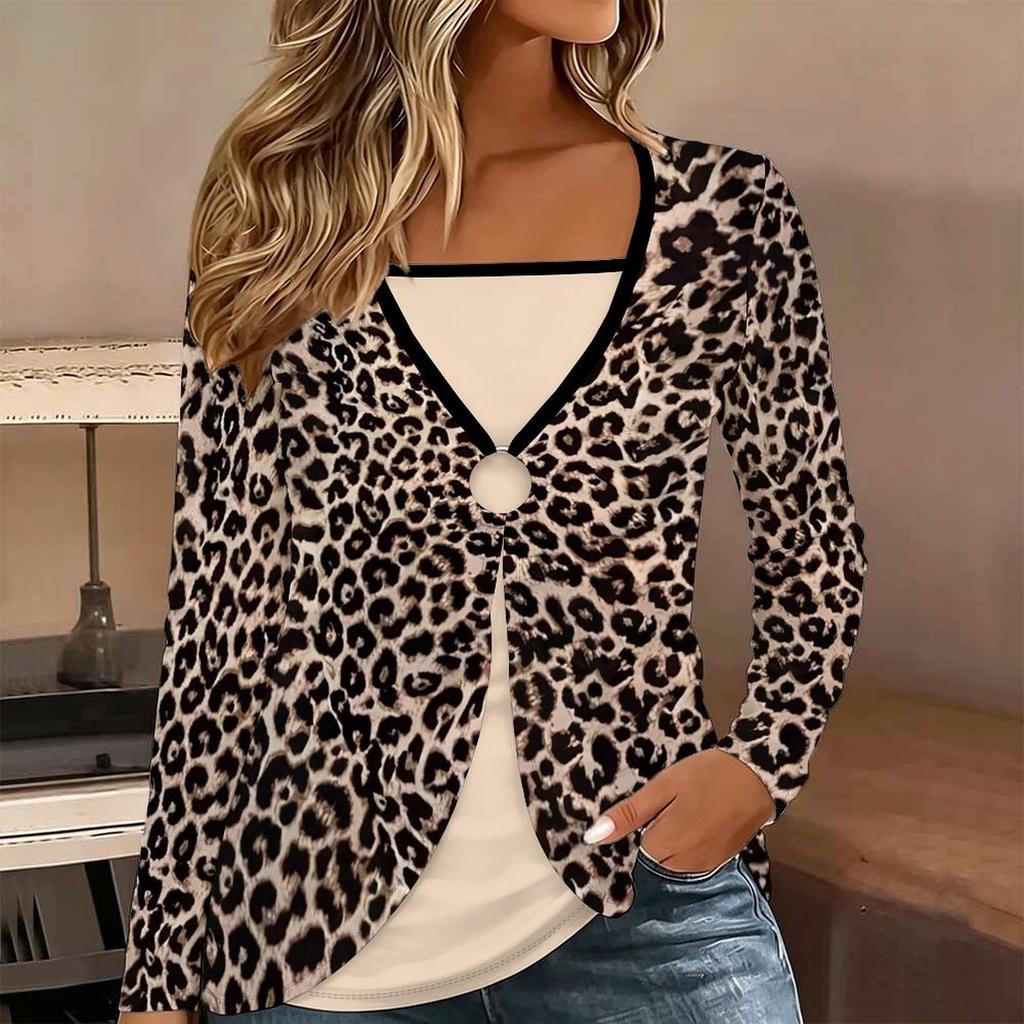 Tops for Women Leopard Print Long Sleeve Fake Two‑Piece Top Fall Casual Slim Pullover Women's Long Sleeve Top