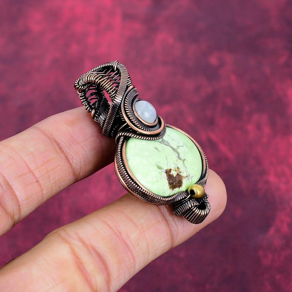 Lemon Chrysoprase Pendant Rainbow Moonstone Pendant Copper Wire Wrapped Pendant