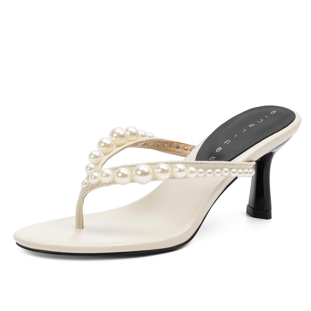 72903 high-heeled slippers women's stiletto summer 2025 new outer herringbone cool slippers pearl pinch sandals