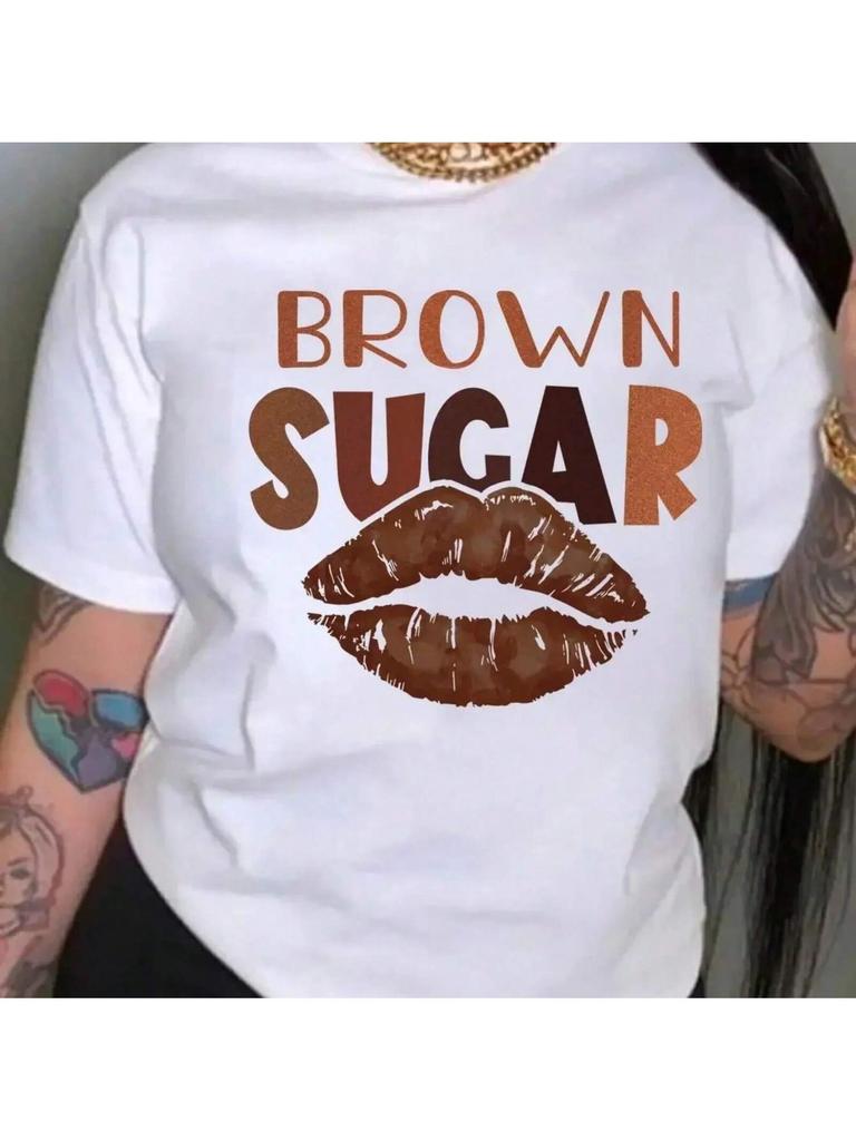 Wounisex T-Shirt Lips & Letters Brown Sugar Printing Short Sleeve Casual Loose Street Tops Summer Fashion Sporty Clothes