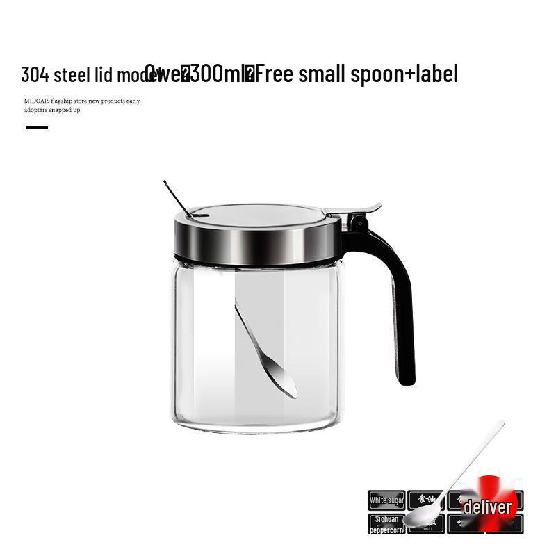 Stainless Steel Glass Kitchen Seasoning Jars Set with Spring Lid & Spoon