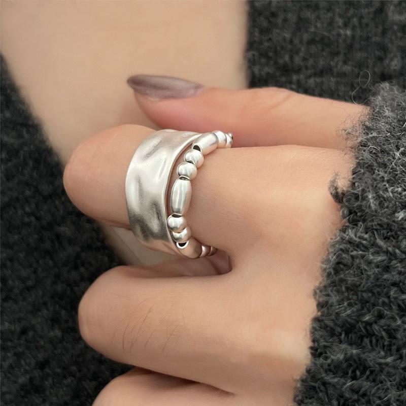 Double Layer Beaded Geometric Adjustable Open Ring for Women - Trendy, Irregular Wide Edge Design