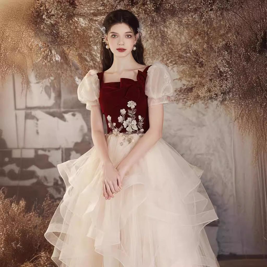 Sweet wind velvet bubble sleeve toast 1011 new bridal wedding engagement design fluffy dress evening dress