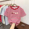 Girls Summer Cotton Striped Cartoon Print Short Sleeve T Shirt Round Neck Top