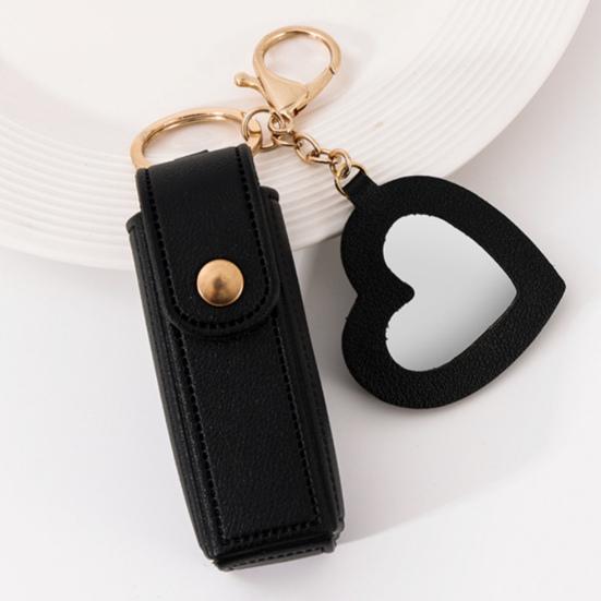 Lipstick Clip Keychain Pendant with Mirror Imitation Leather Lip Gloss Holder Heart-Shaped Pendant Alloy Key Ring