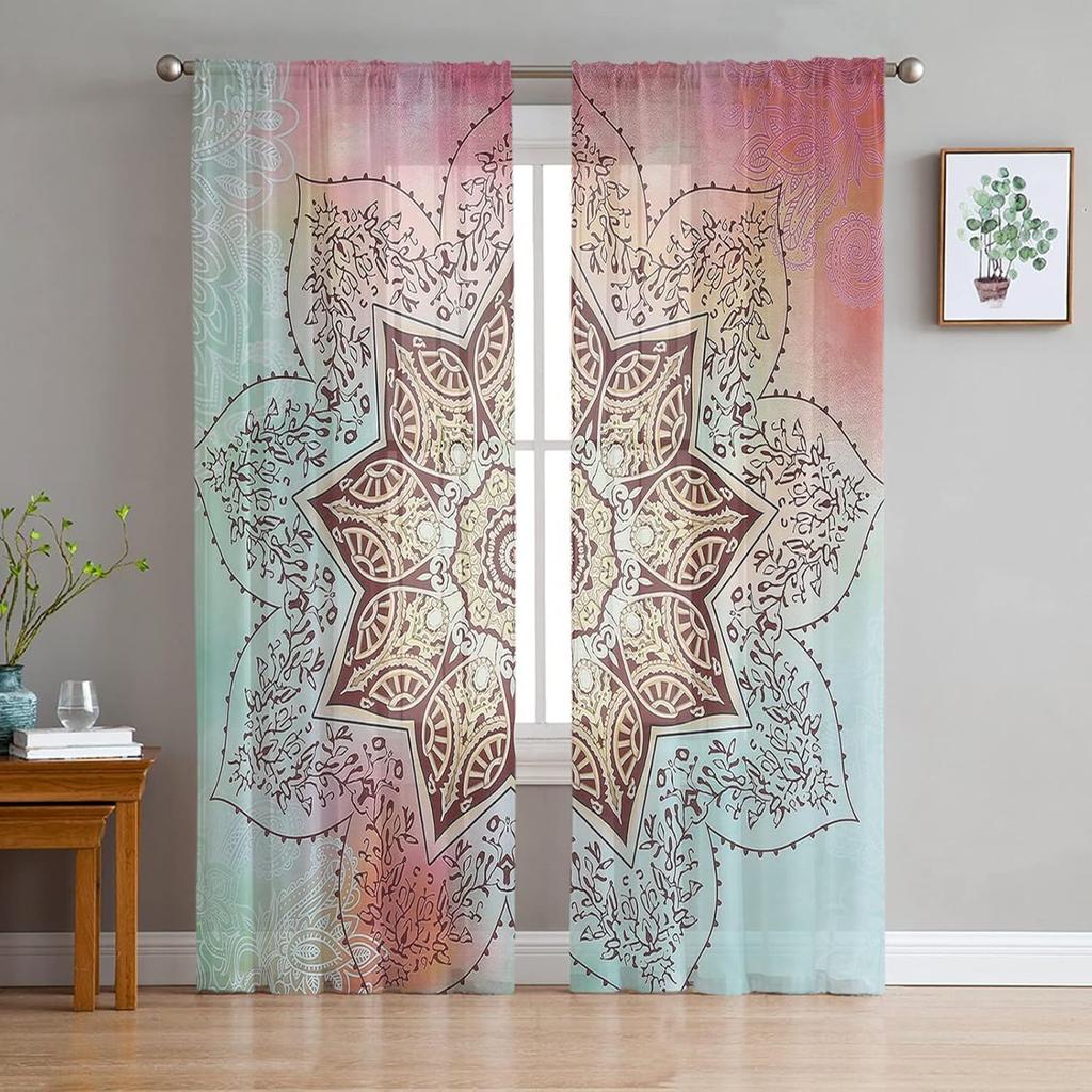 Light Filtering Mandala Pattern Curtains Living Room Modern Voile Curtain Bedroom Tulle Window Drapes Decor Bohemian Made Of Polyester Washable Ready