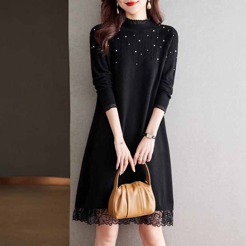 Lace Half Turtleneck Sweater Solid Color Loose Pullover for Women Casual Long-sleeved Knitted Dress for Autumn and Winter