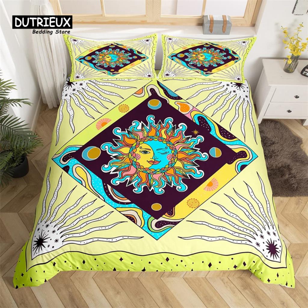 Comforter Sun And Moon King Queen Starry Sky Galaxy Trippy Bedding Set For Kids Adults Microfiber Boho Geometric
