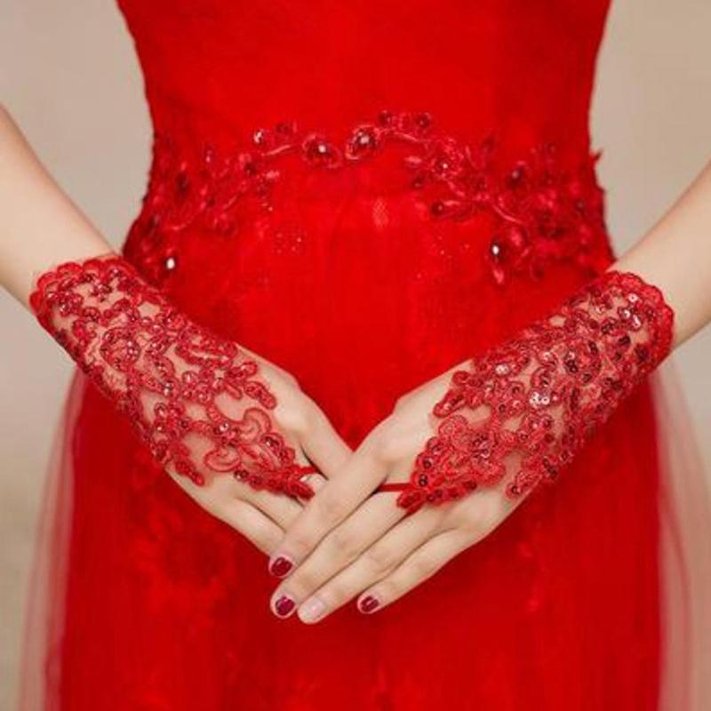 

Women Bridal Wedding Red Gloves Party Fingerless Lace Short Paragraph