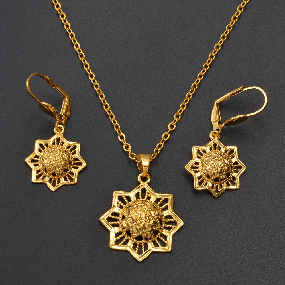Anniyo African Flower Sets Necklaces Earrings for Woman Fashionable Ethiopian Party Jewelry Middle East Arab India #173016