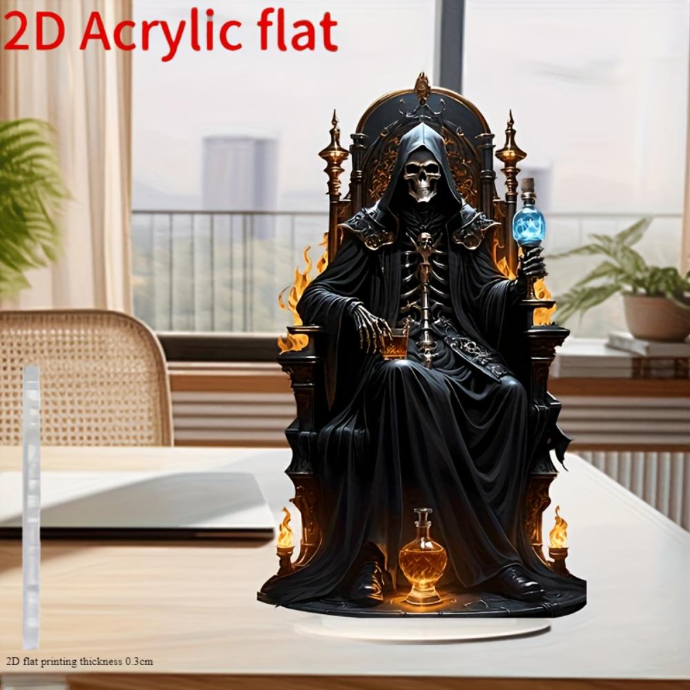 2D Flat Print, Home Decoration Ornaments, Vintage Style Acrylic Reaper Statue with Base, Skull and Flame Design, Home and Office Decoration
