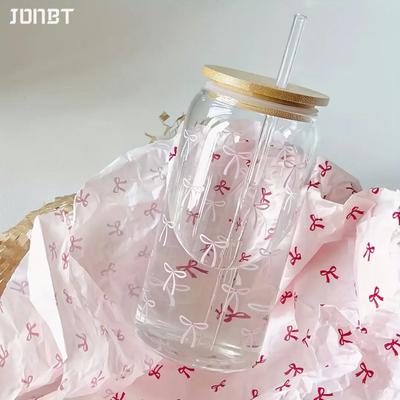 16oz Transparenter Rosa Schleife Plastikwasserbecher mit Bambusdeckel & Stroh Wiederverwendbar Tragbar Auto Kaffee Reise Tumbler Becher Trinkgeschirr