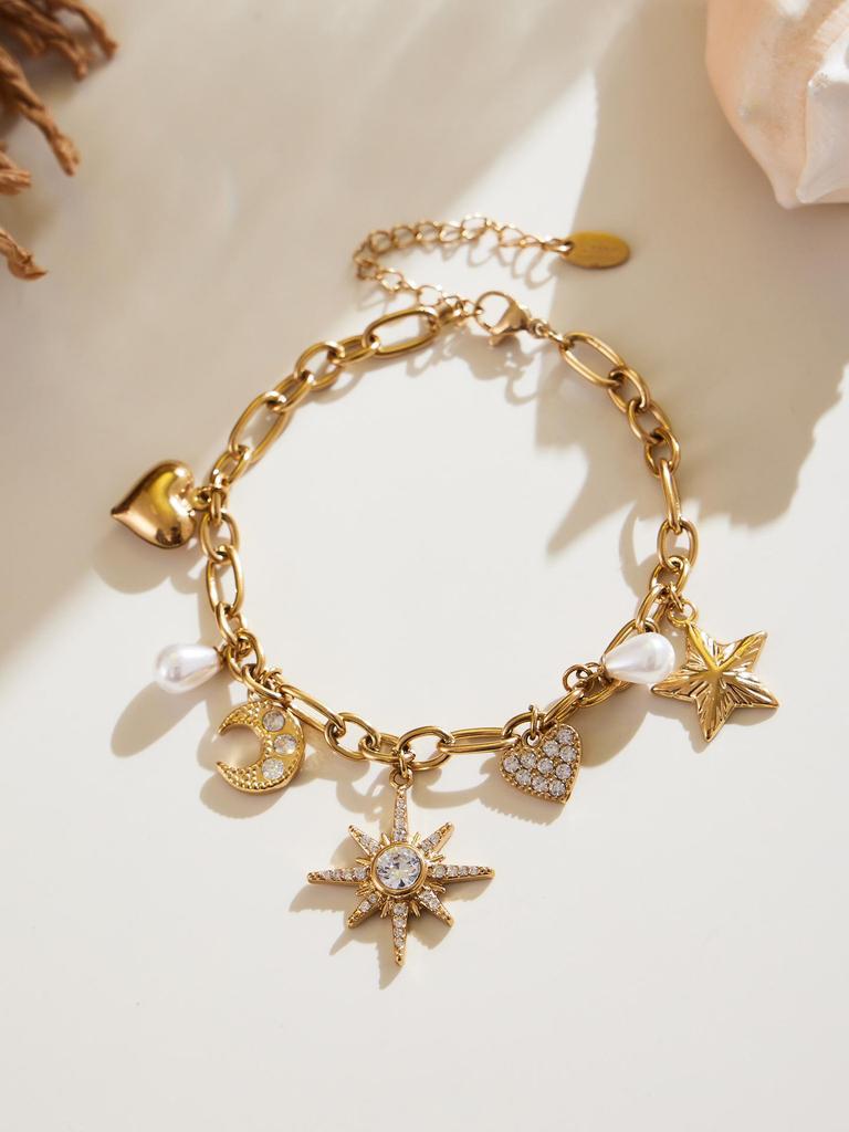 Star Moon Pearl Zircon Necklace & Bracelet Set with Multi-Accessory Design