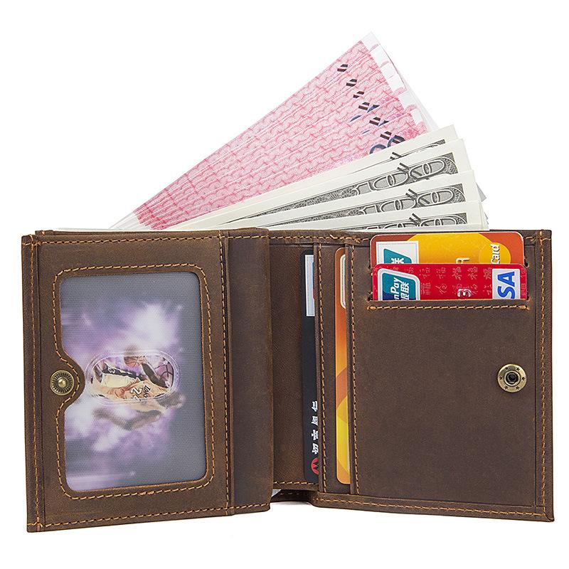 Jiamida Retro Men's Genuine Crazy Horse Leather RFID Wallet - Short, Multi-Card Coin Purse