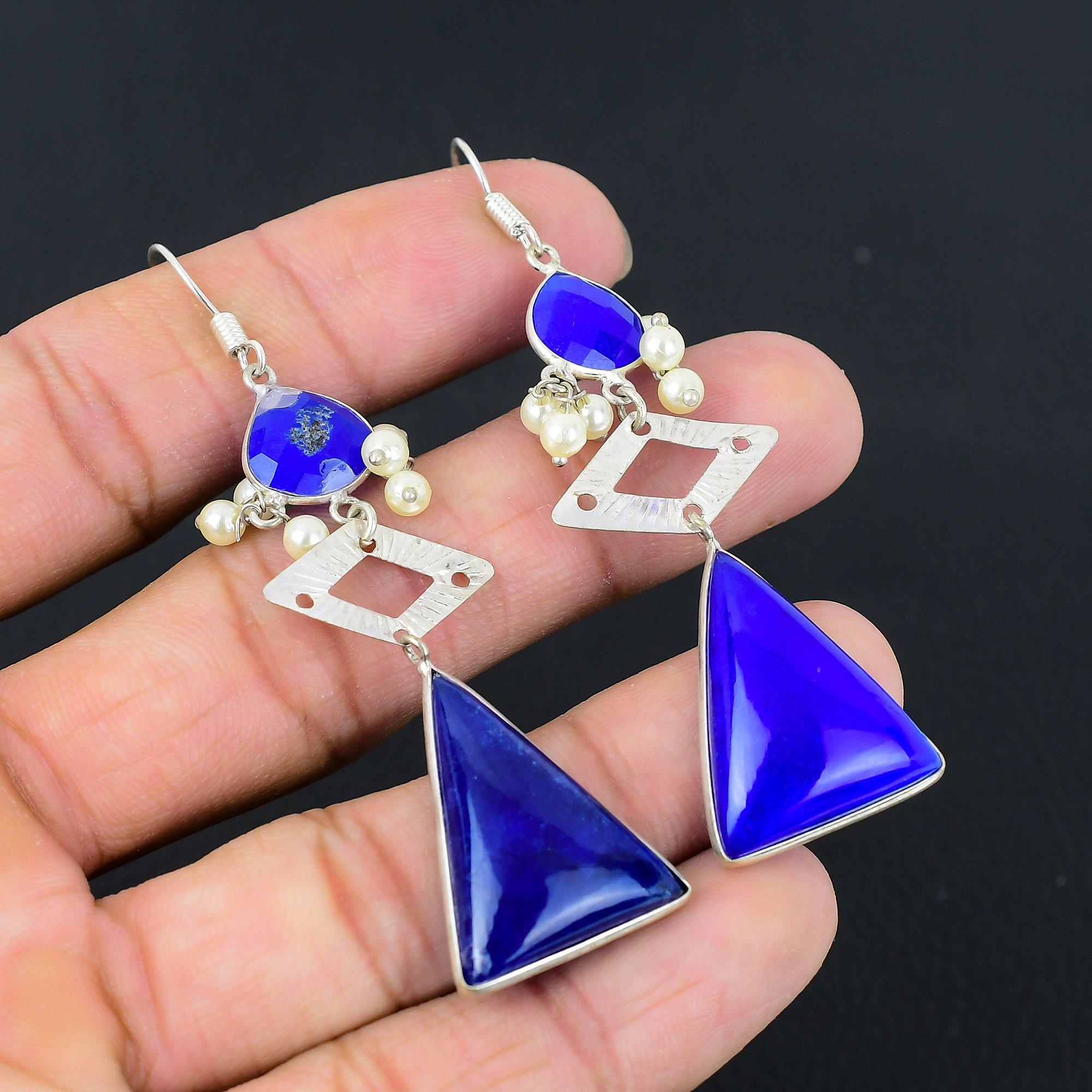 

Sterling Silver Third Eye Chakra Natural Blue Sapphire Drop Dangle Boho Earrings