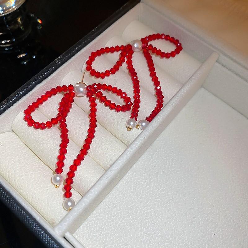 New Year's red flower flocking stud earrings women's niche earrings versatile earrings autumn and winter