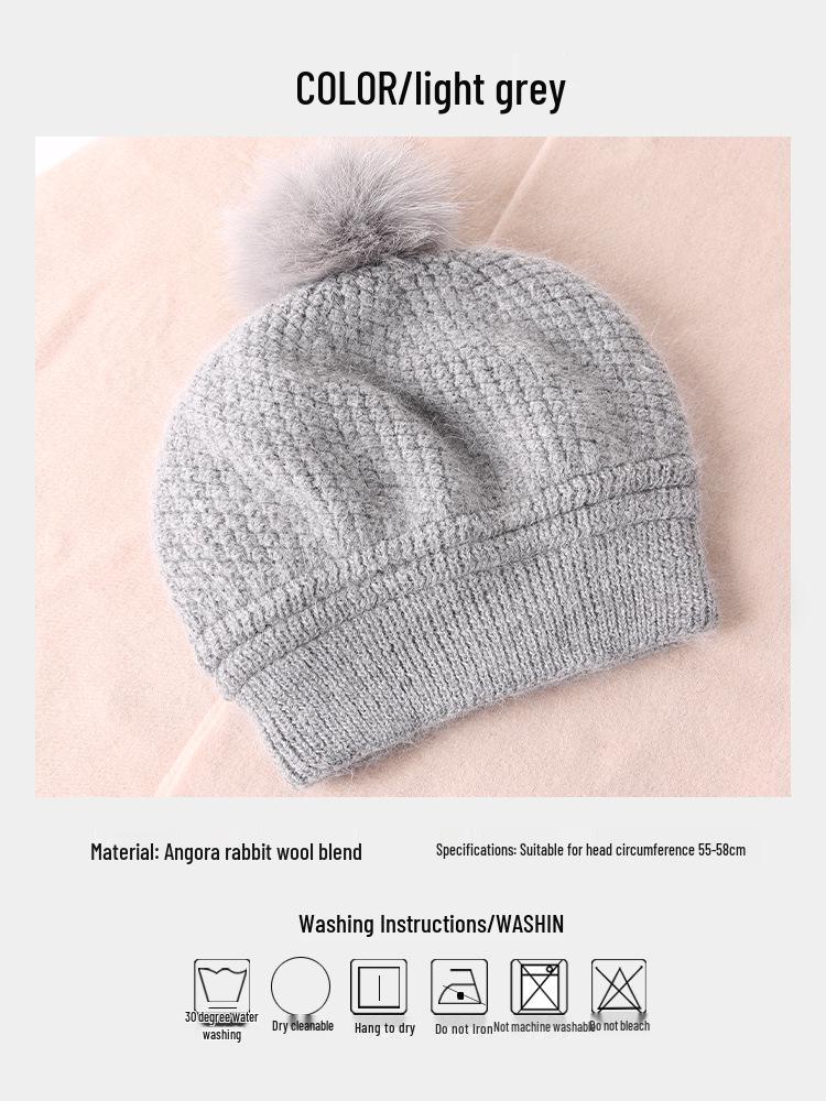 

Женская двухслойная теплая вязаная шапка из кроличьего пуха с защитой ушей - в японском стиле для осени и зимы One Size Fits Adults (Elastic 55-58cm)