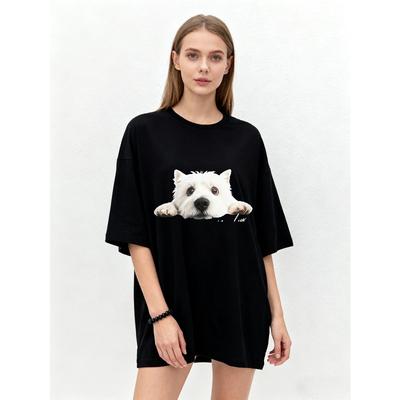 Oversize T-shirt Czarny West Highland White Terrier Nadruk Swobodny Strój dla Kobiet Codzienny Strój Streetwear Modny Akcent Top
