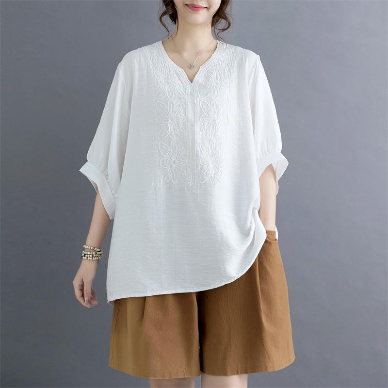 

Летние свободные топы Johnature с вышивкой в ​​китайском стиле с v-образным вырезом, повседневные винтажные однотонные блузки, рубашки для женщин One Size белый
