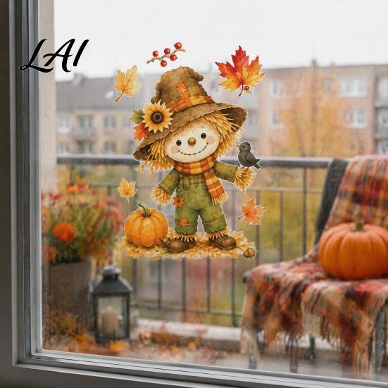 Seasonal Window Decals for Stores 6 Sheets Autumn Harvest Stickers Thanksgiving Cartoon Static Cling Decorations with Party Pumpkins Maple