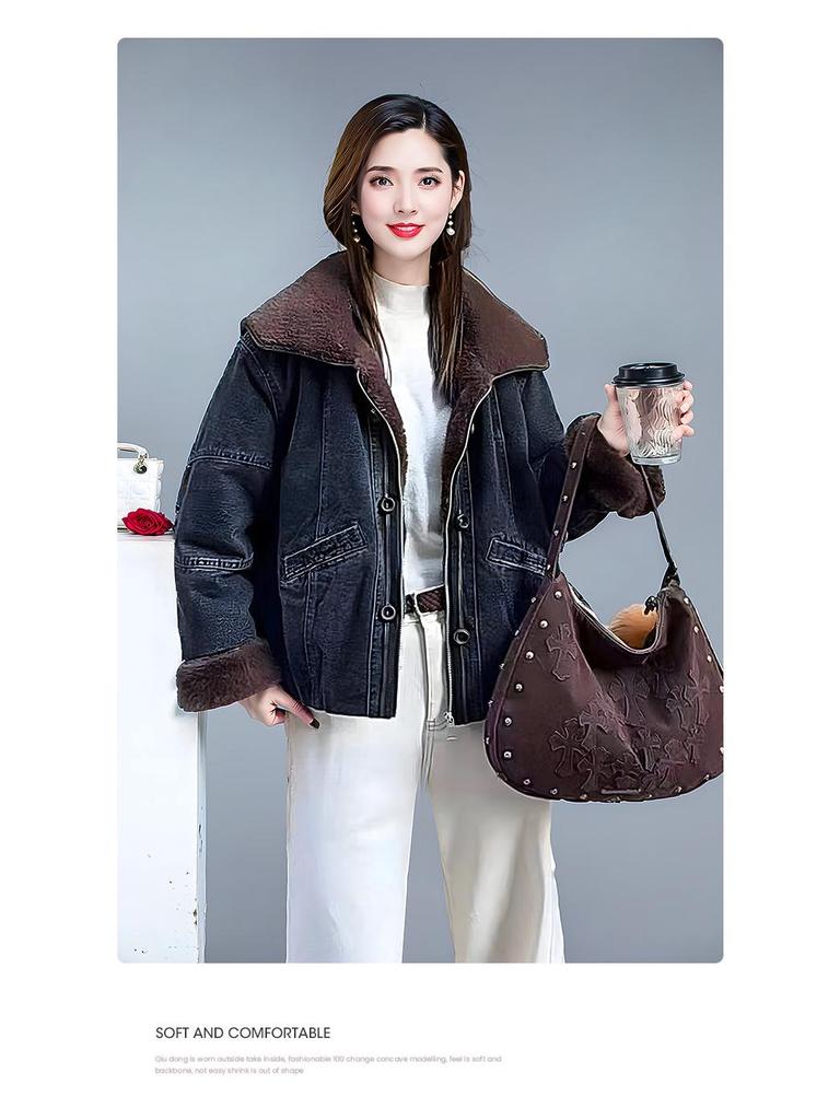 Women's Plus Velvet Cropped Denim Jacket - Winter 2025 Trendy Fashion, Warm & Casual.