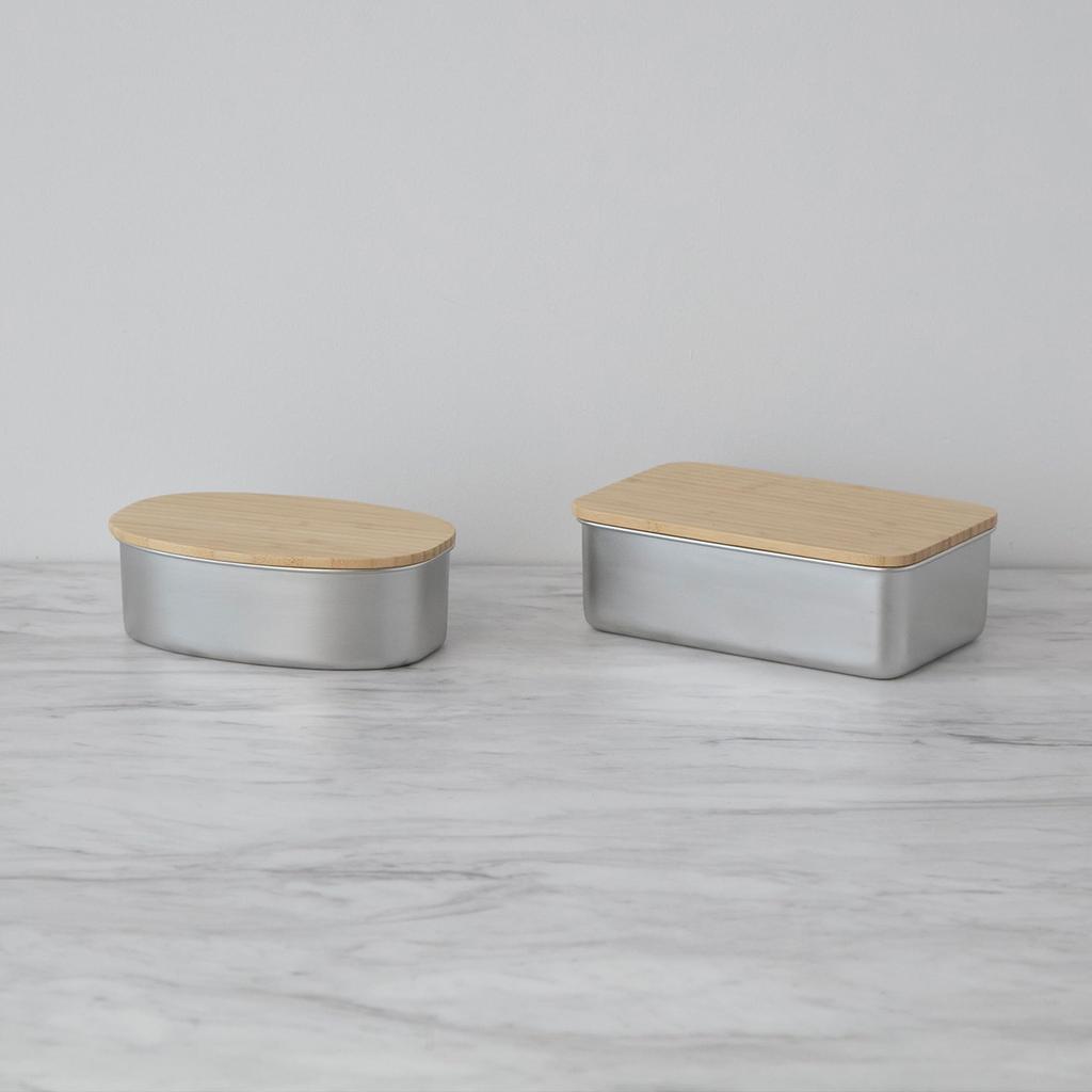 Nonoji Stainless Steel Lunch Microwave and Dishwasher Stylish and with Natural Wood Silver Box, Oval, Safe, Simple, Lid,