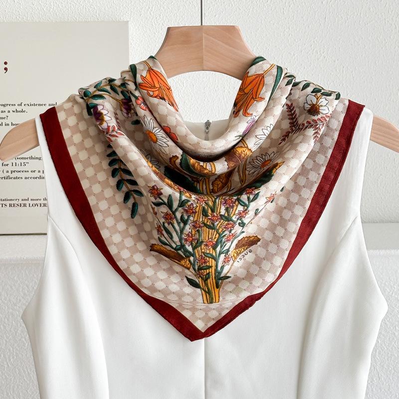 Chessboard Plaid 71CM Cotton and Linen Silk Scarf Small Square Scarf Women's Spring and Autumn Summer Thin Scarf Scarf Linen Headscarf Belt