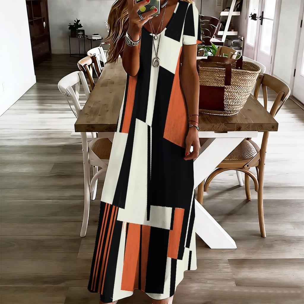 Women Plus Size V Neck Short Sleeve Geometric Printed Straight Long Dress