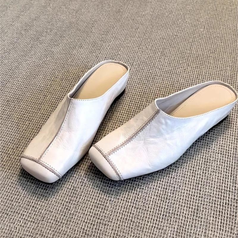Fashion Luxury Women Summer Leather Slippers Flats Shallow Lazy Boat Slingback Mules Shoes Soft Warm Loafe Women Flip Flops Tongs Femme