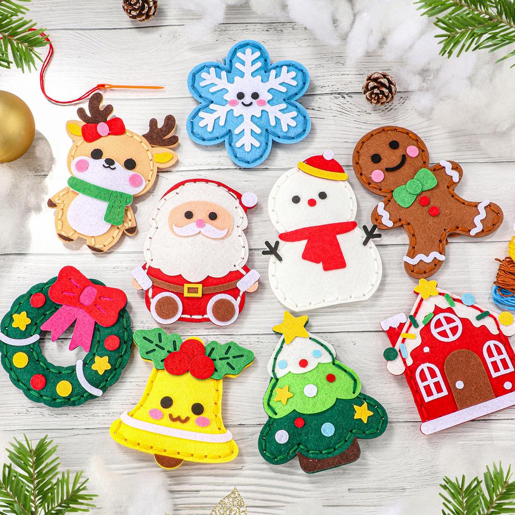 9-teiliges DIY Weihnachts-Nähmaterialpaket für Anfänger; einfach zu machende Weihnachtsbaumornamente, darunter Lebkuchenmann, Rentier