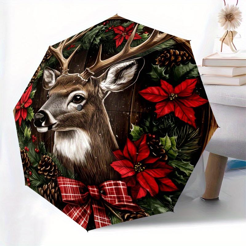 Christmas Deer Wreath Ornament Decoration with Poinsettia and Pine Cones Umbrella, Cute Umbrella with Cute Design, Portable 3-Fold Compact Umbrella fo