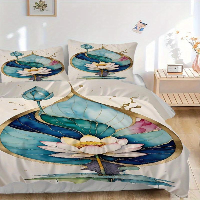 3pcs Lotus Bloom Soft Comfortable Bedding set, For Bedroom, Guest Room And Dorm, All - Season Use, High-Definition Printing157