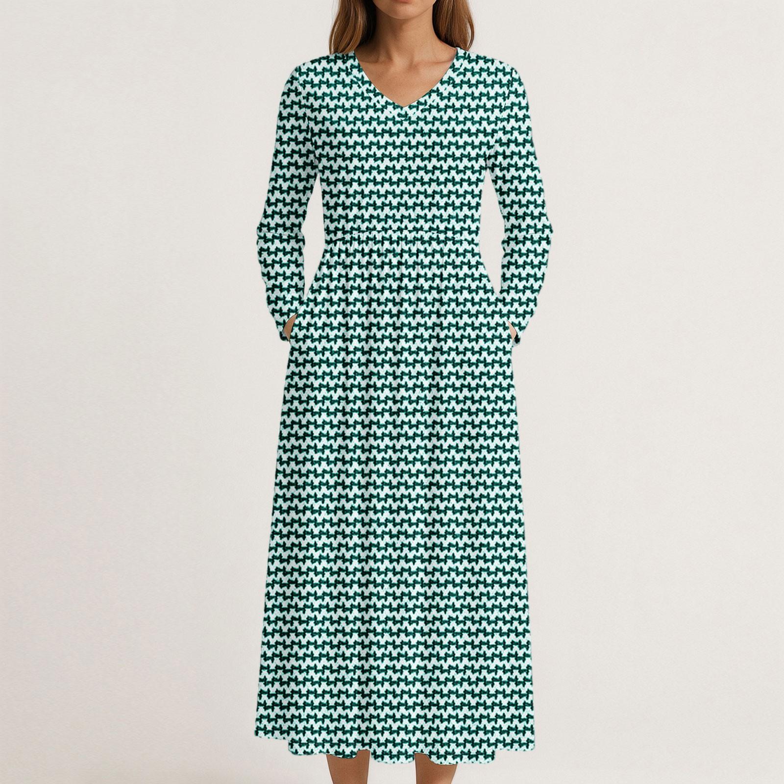 

Платье для женщин длинное бохо пляжное платье элегантное макси-платье V-образный вырез длинный рукав платье с карманами S зелёный