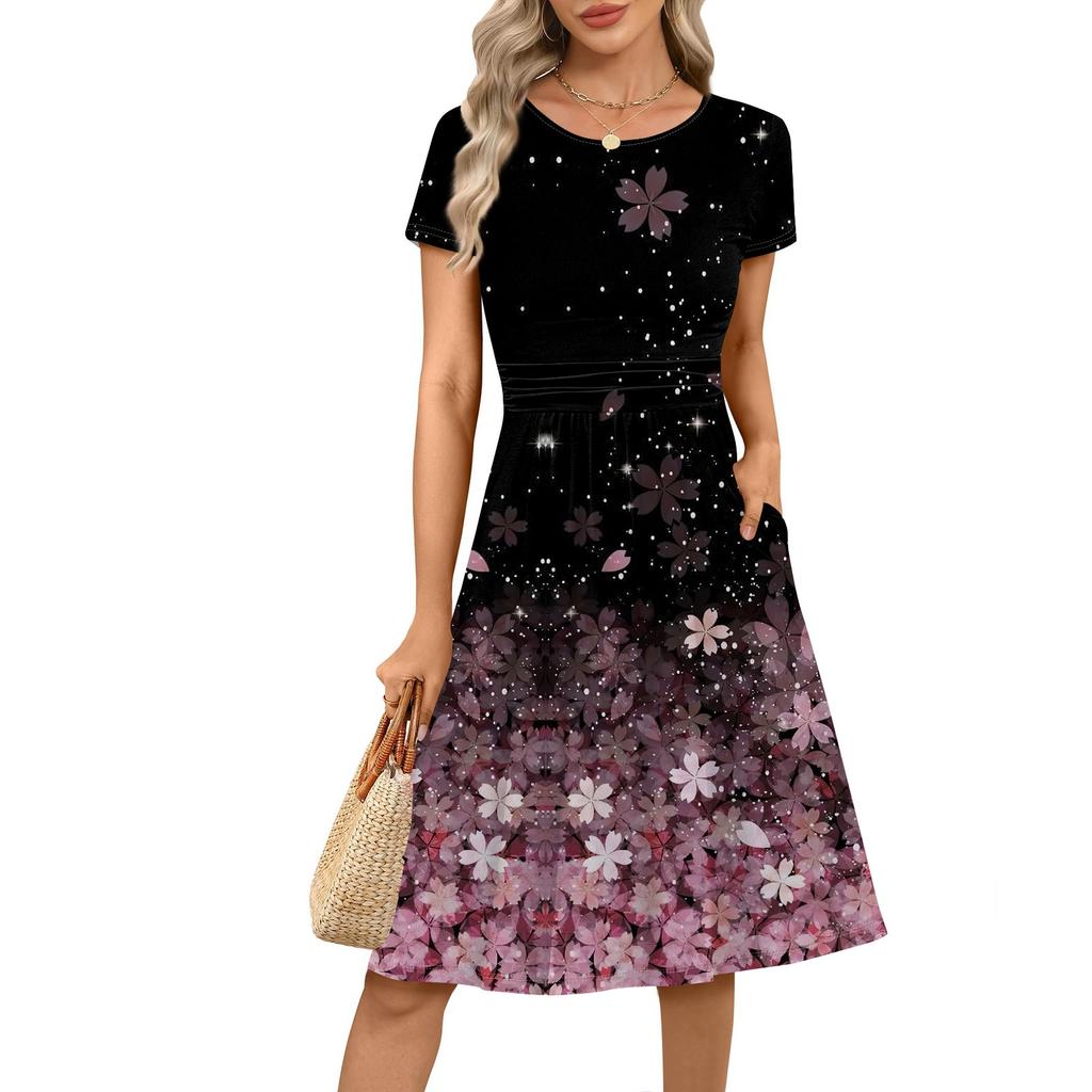 Women's Casual Fashion Round Neck Pleated Short Sleeve Retro Floral A-Line Midi Dress