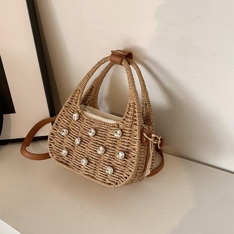 Summer Braided Tote with Diamond Set for Holiday Style Cross-body Bag