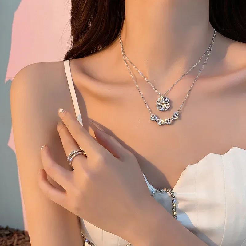 Women Fashion Double Romantic Lucky Four Leaf Clover Versatile Necklace Banquet Jewelry Accessories for Women Creative Gifts